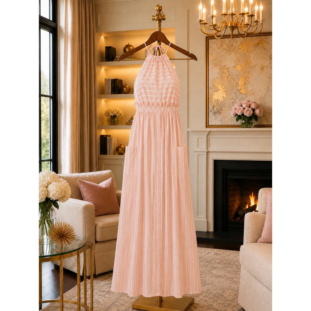 Mara Hoffman Patel Pink Linen Stripe Halter Maxi Dress NWT Size 2 Pockets Resort